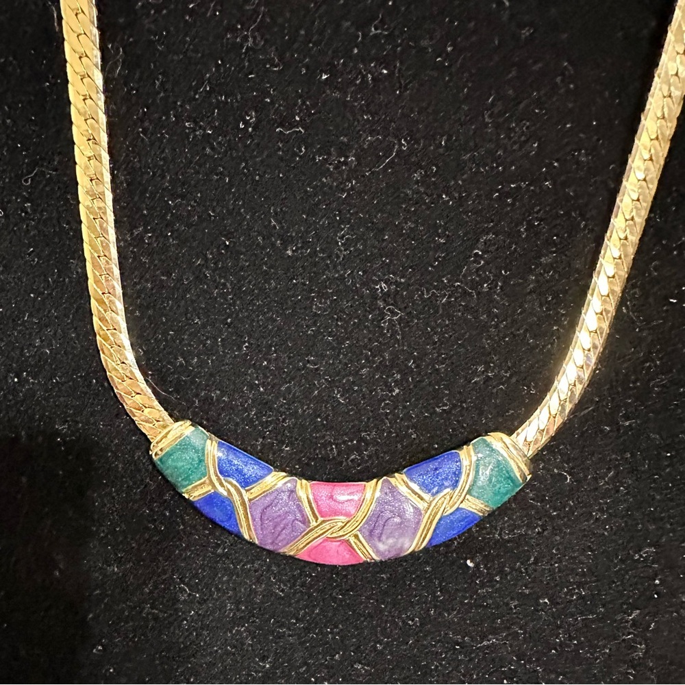 Lovely Herringbone Purple, Blue, & Green Enamel Collar Necklace. - Picture 3 of 9